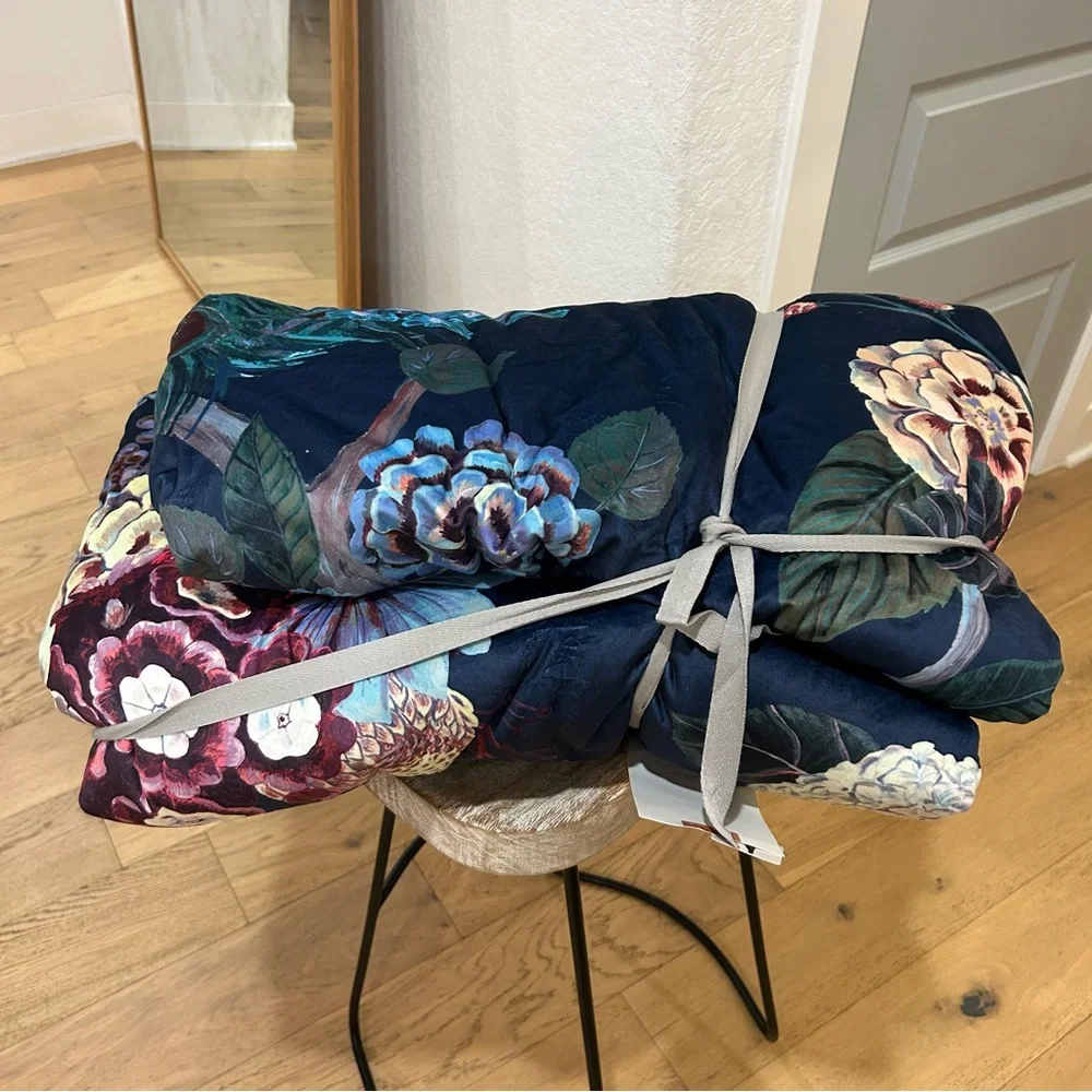 NWT Anthropologie Odette Quilt FULL Velvet Bedding Peacock Floral Blue
